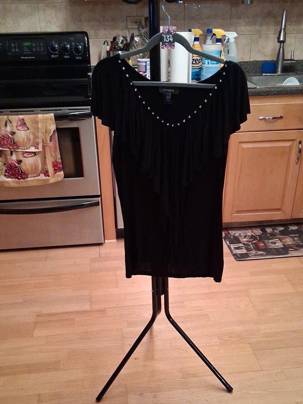 Karen Kane Black Ruffle V-Neck Top with Rhinestone Details